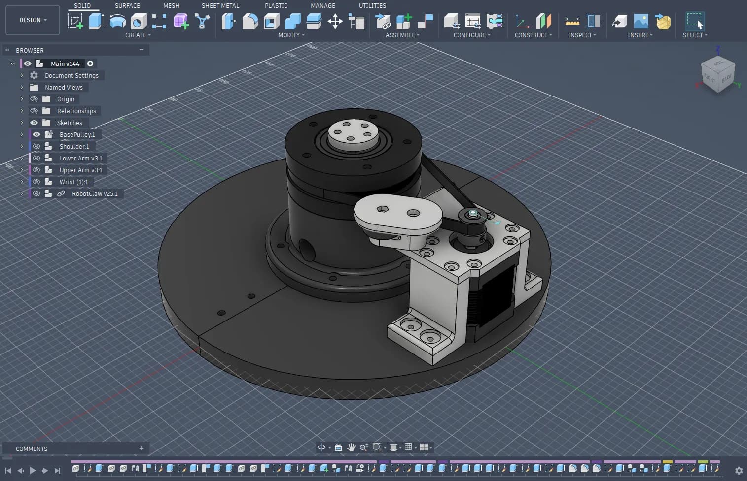 Fusion screenshot of robot arm base.
