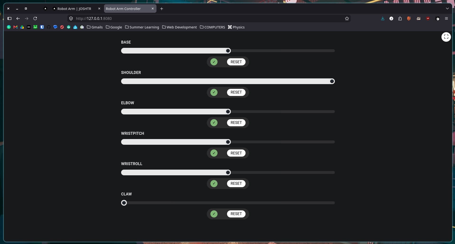 Screenshot of the dashboard from Firefox