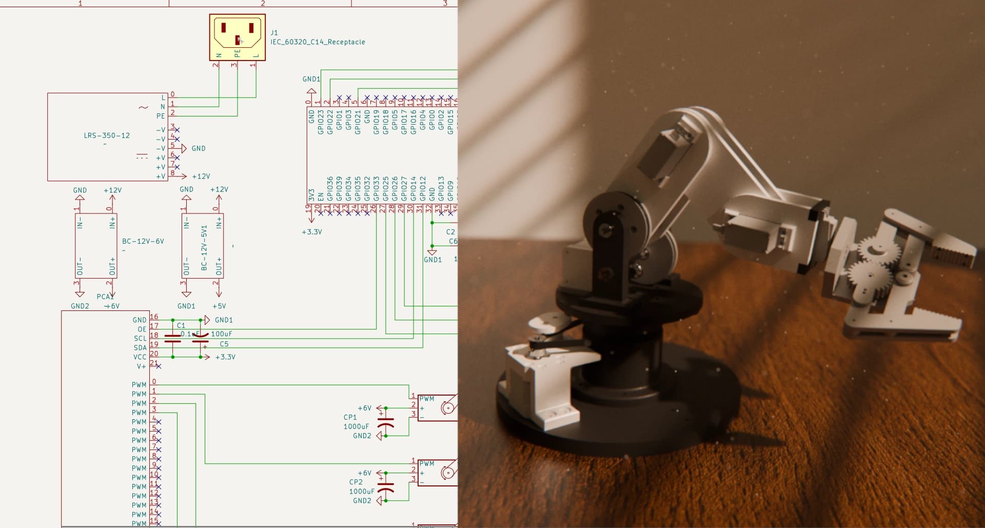 Banner showing the electronic schematics and render of robot arm