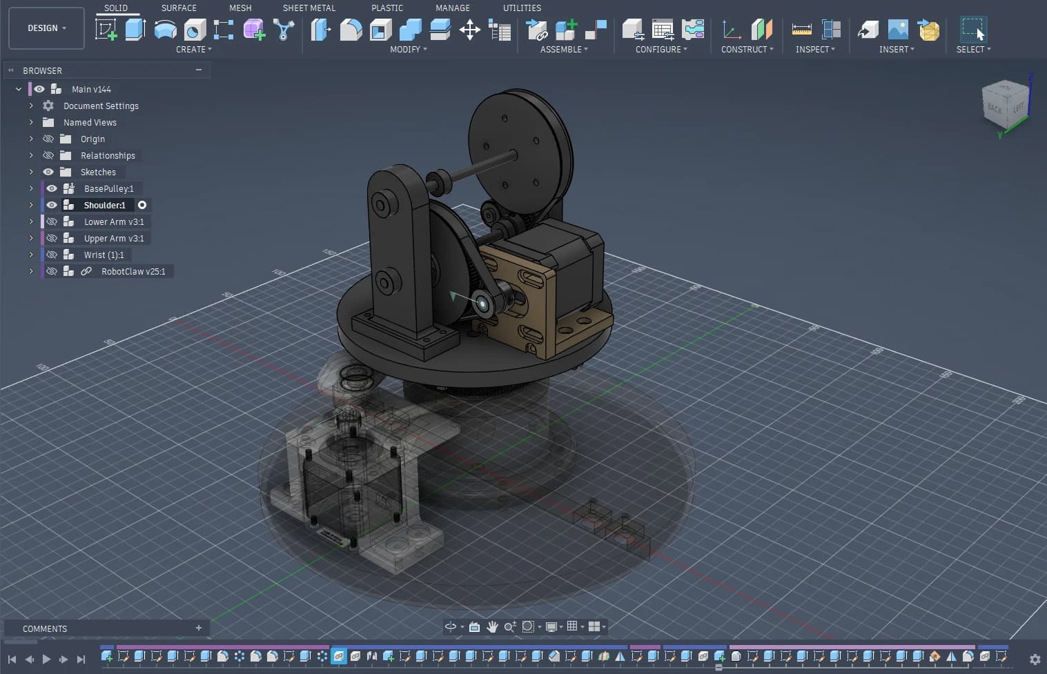 Fusion screenshot of robot arm shoulder.