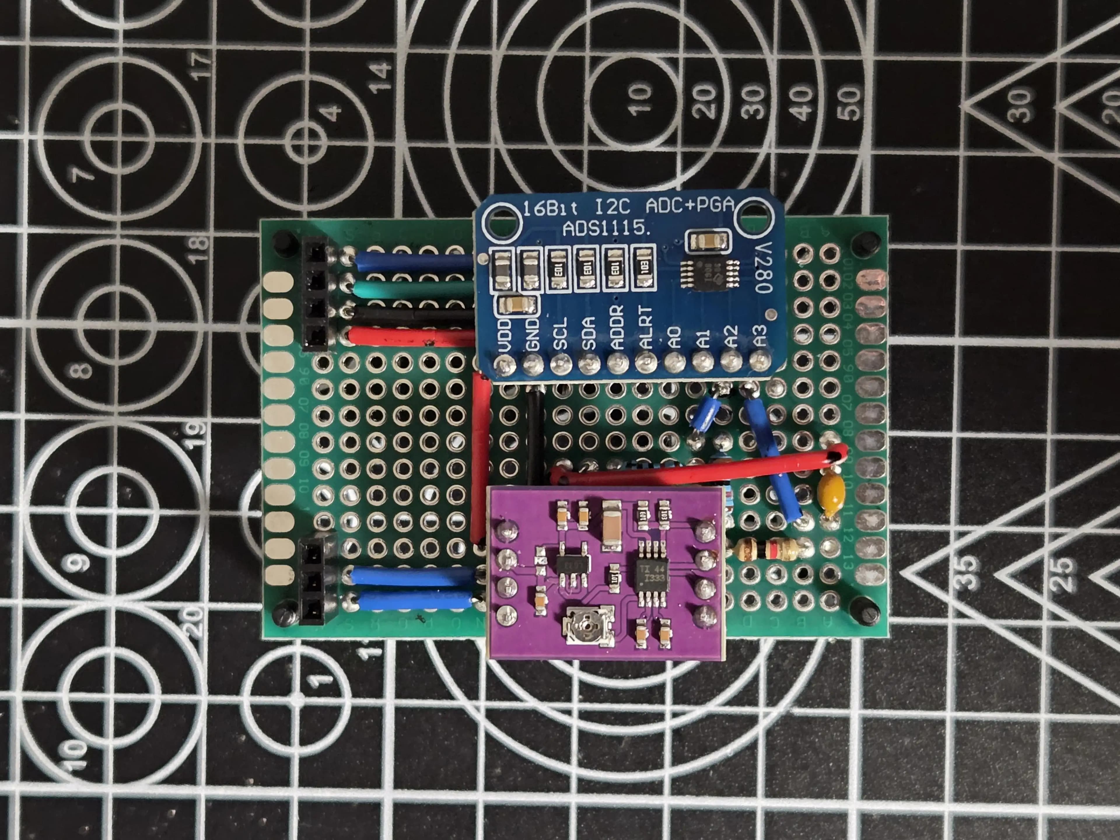 Electronics - INA333 + ADS1115 Perfboard with an INA333 and ADS1115 solder on